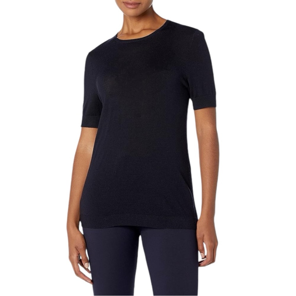 Lark & ​​Ro Women's Short Sleeve Crew Neck Merino Wool Sweater- Dark Navy Medium